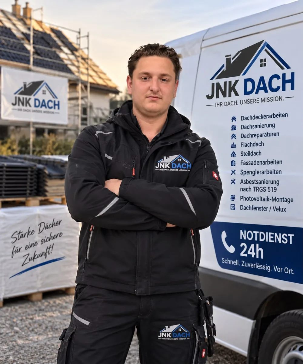 JNK Dachdeckermeister Team vor Firmenfahrzeug in Dortmund